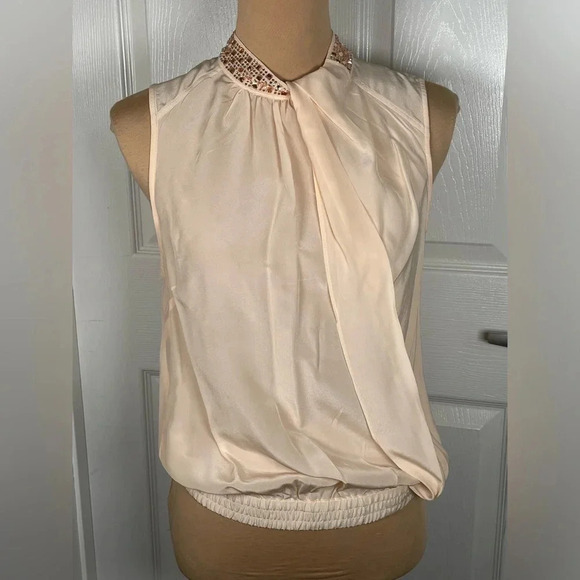 BEBE Sleeveless Jeweled Halter Neck Nude Collar Blouse Small - Picture 6 of 7